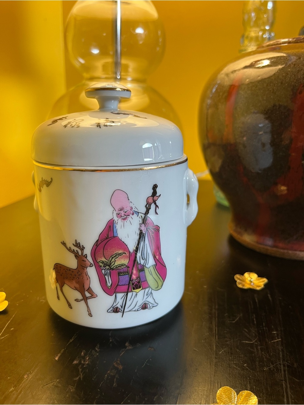 Rare Porcelain Lidded Canister with Pink-robed Sage and Deer